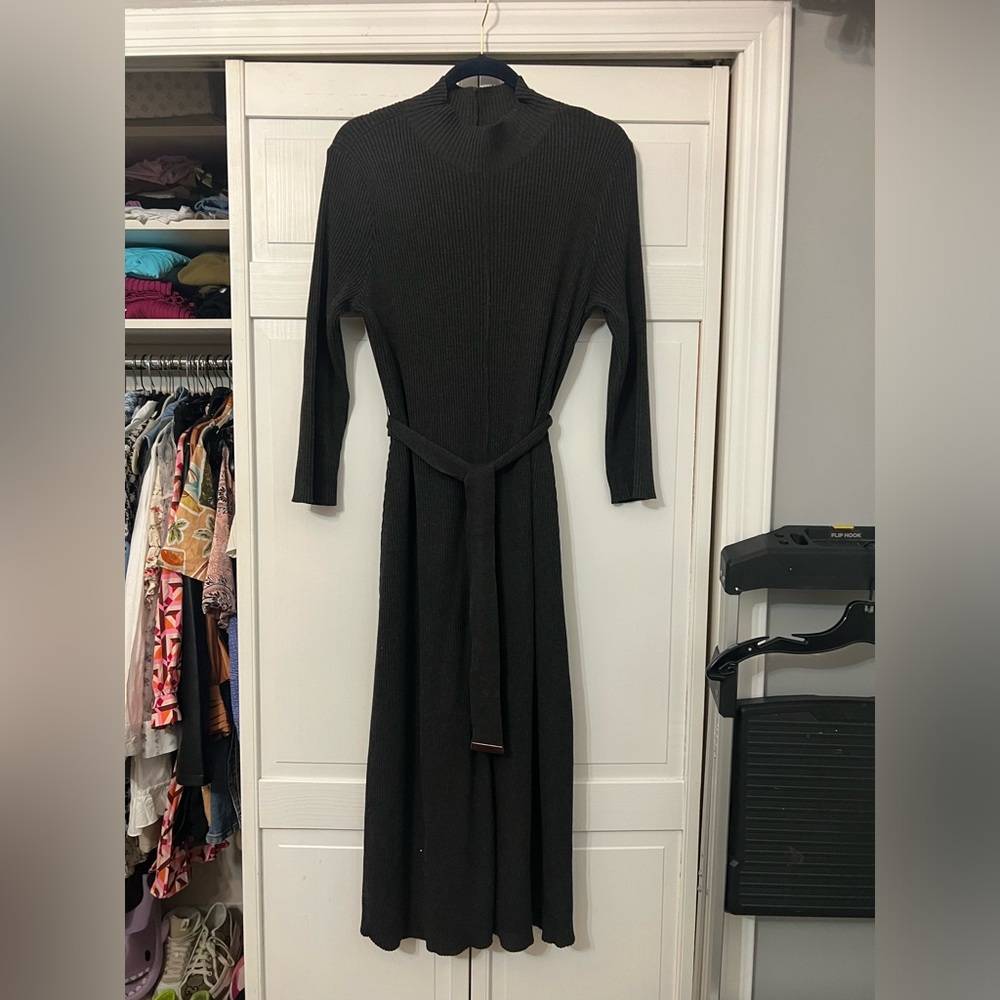 Calvin Klein charcoal grey womens ribbed knit long sleeve belted midi dress - Picture 1 of 5